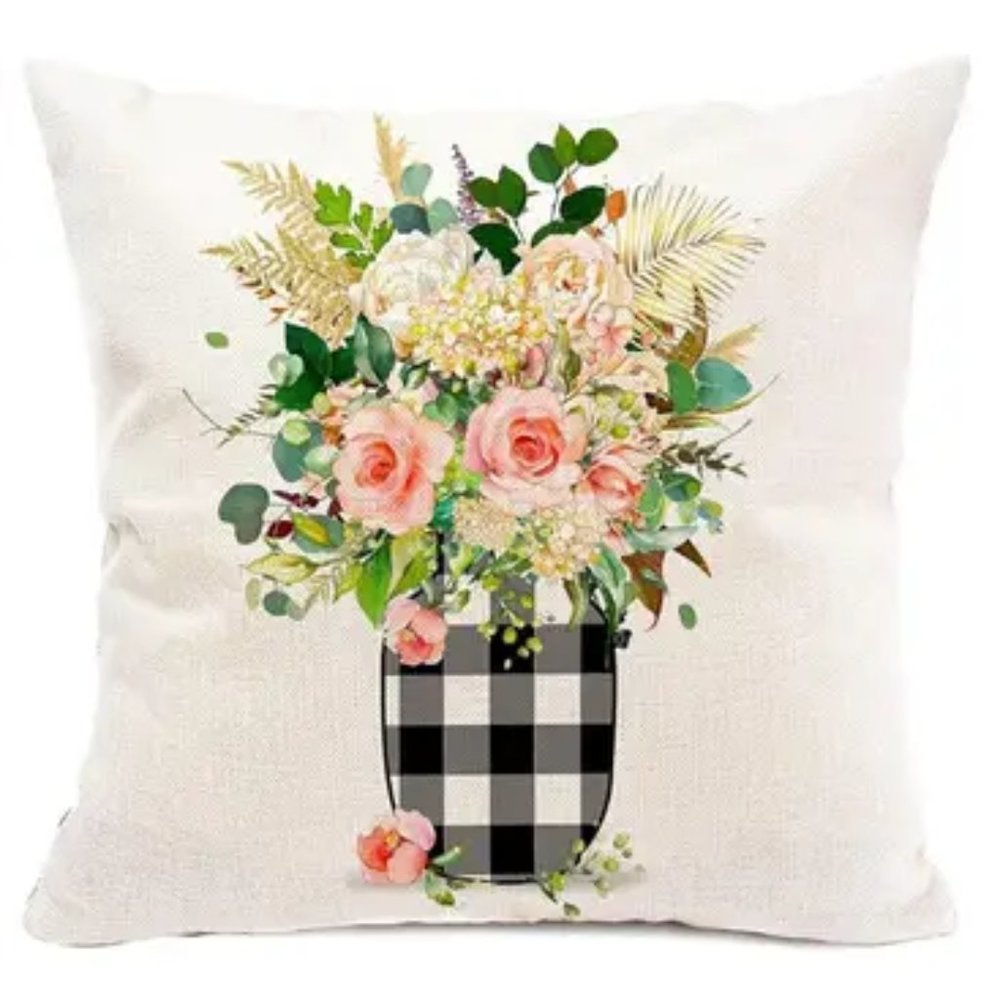 NEW FLORAL FARMHOUSE BUFFALO CHECK HOME DECOR LINEN PILLOW COVERS 17.7"
